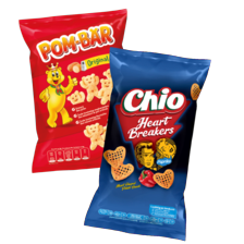 Chio pom-bär, heartbreakers, kettle cooked, mixplosions of popcorn